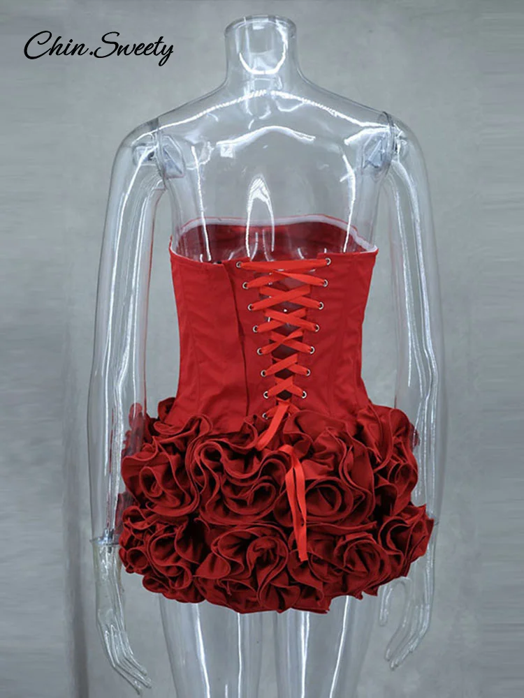 Christmas Red 3D Flowers Skirt Suit Women Bandage Adjustable Tube Top Floral Short Skirt Set Lady Party New in Matching Outfits