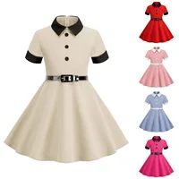 Robe de princesse vintage pour filles, robe de fête à col rabattu et manches courtes avec ceinture, style rétro années 50, robe trapèze rockabilly 2