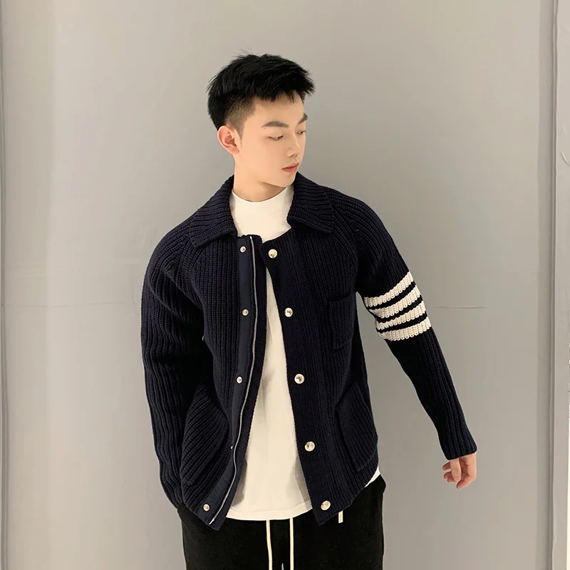 

tb knitted cardigan men loose thickened warm lapel sweater jacket ins couple