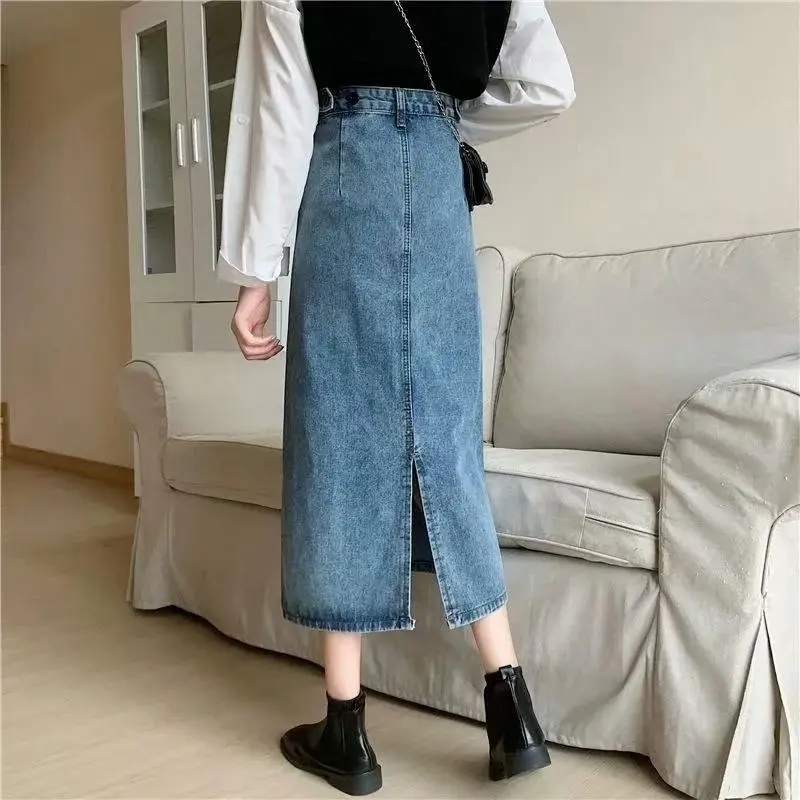 High Waist A-Line  Midi Denim Skirt Women's Design Sensation Small ence Hip Concealment Slit Skirts