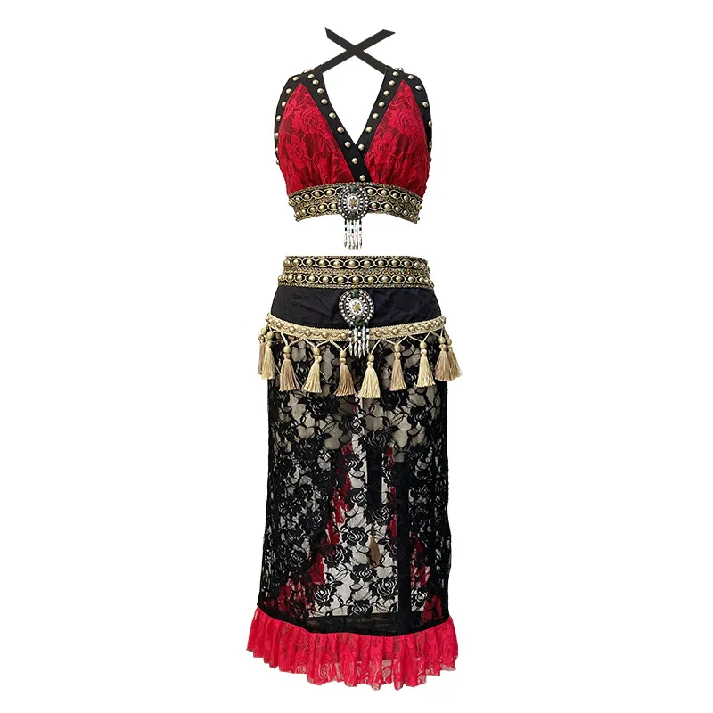 

Tribal Fusion Women Costume Belly Dance Studded Lace Skirt Set Free Size Red Choli 2 pieces Top and Hip Scarf