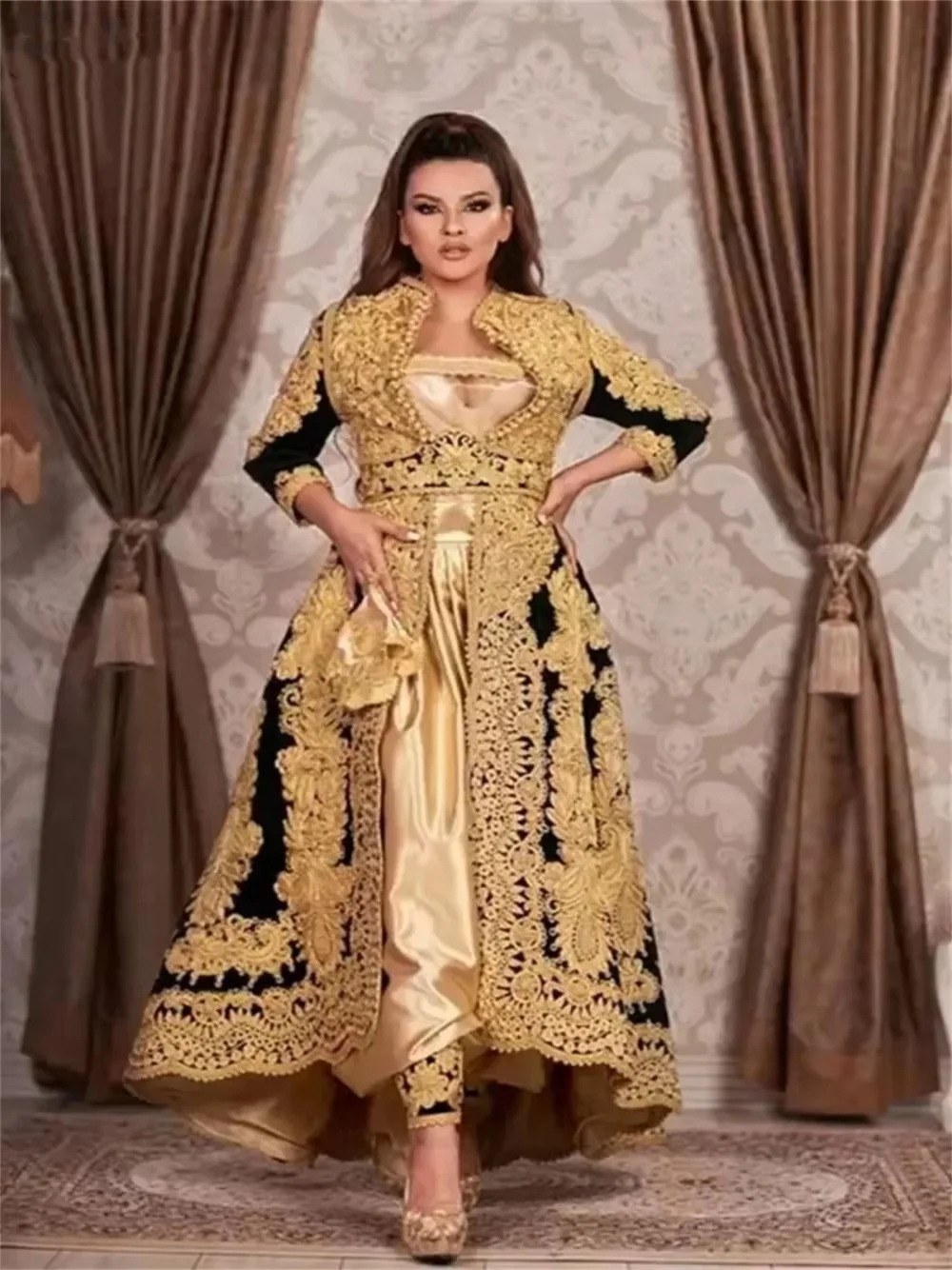 Gold Appliques Bride Robe Party A-line Bridal Dresses Traditional Kosovo Albanian Caftan Evening Gold Appliques Bride Robe Party A-line Bridal Dresses Traditional Kosovo Albanian Caftan Evening