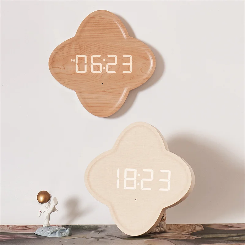 

Solid Wood Color Round LED Wall Clock Nordic Style Digital Temperature Date Display Silent Clock Living Room Bedroom Wall Decor