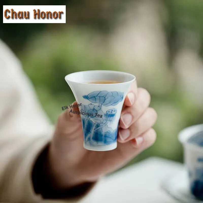 2pc/Set Pure Hand-painted Lotus Ceramic Tea Cup Underglaze Color Flower Master Cup Porcelain Drinking Teacup Kung Fu Teaset 30ml