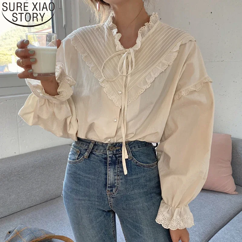 

Vintage Casual Elegant Tops 2022 New Women Hollow Out Women Shirts Solid Long Sleeve Korean Style Bow Loose Blouses Blusas 9580