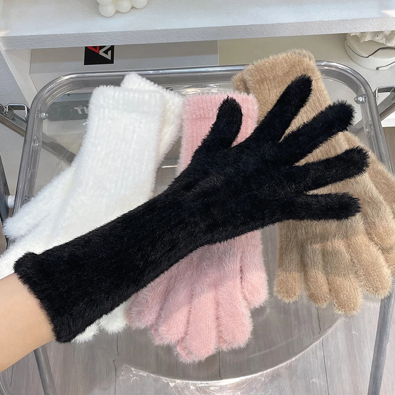 

Женские кашемировые перчатки для сенсорного экрана, зимние теплые перчатки, эластичные мягкие варежки с пальцами, Плюшевые Вязаные перчатки из искусственного меха