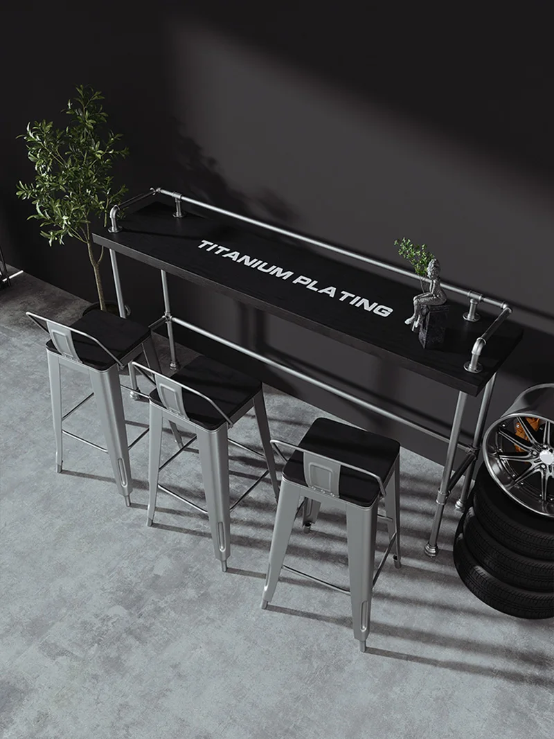 Solid Wood Table and Chair Combination Industrial Style Bar Against The Wall High Foot Narrow Table