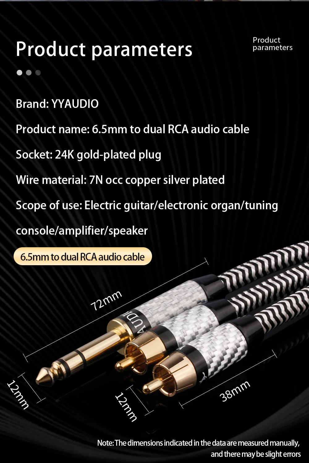 Aux, 6,5 Jack para 2RCA, plugue banhado