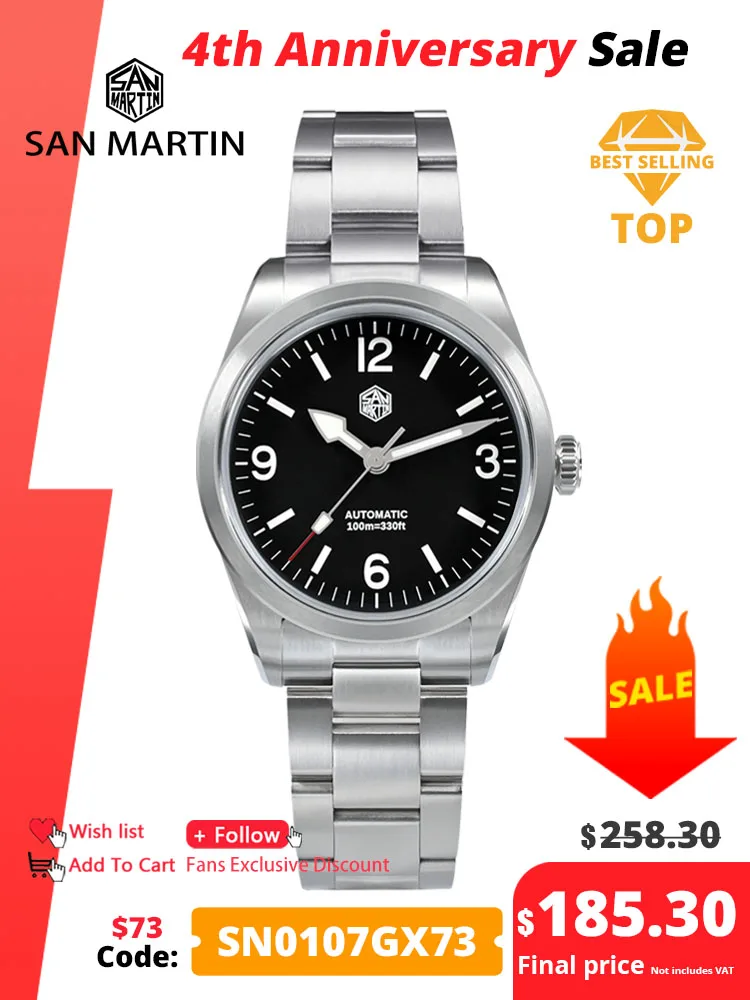 

San Martin Men Sport Watch 36mm Fashion Explore NH35 Man Dress Automatic Mechanical Wristwatch Sapphire 10Bar BGW-9 Luminous