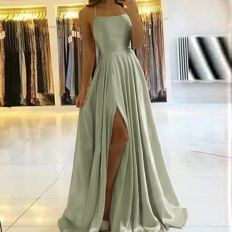 Burgundy Satin Beach Maxi Women Dress For Christmas Sexy Side Slit Adjustable Straps Evening Prom Dress Cheap Bridesmaid Dresses