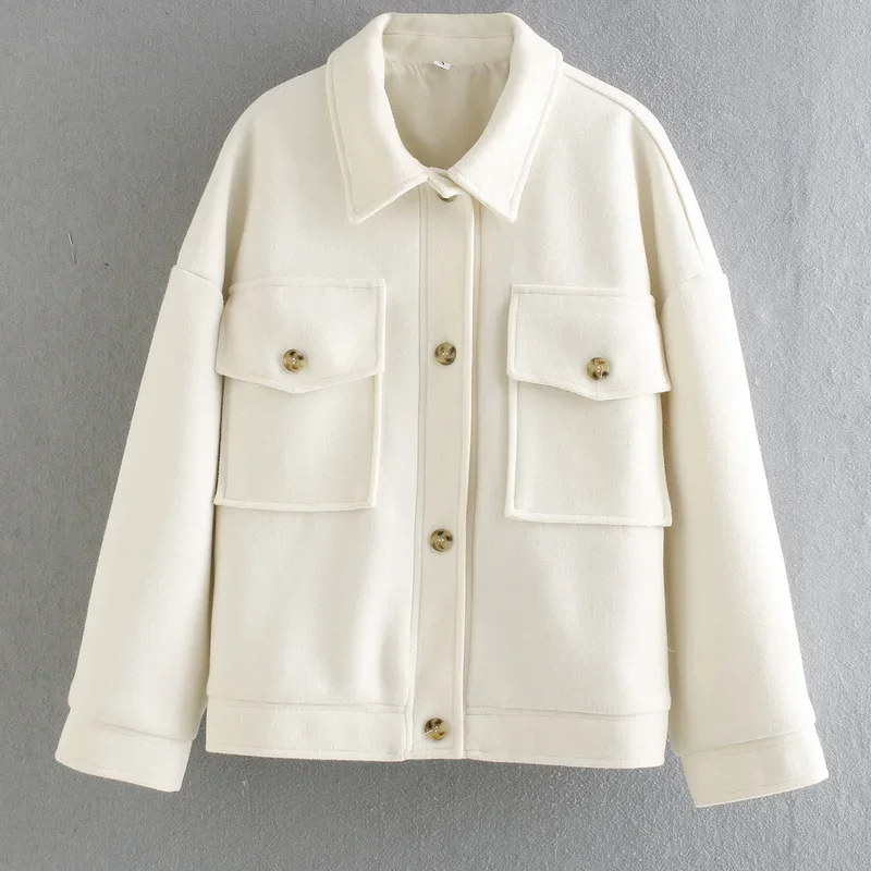Women's Jacket Beige Clamshell Pocket New Tweed Messenger Bag Ladies New Elegant Street Solid Color Jacket 2023 Fashion Jacket