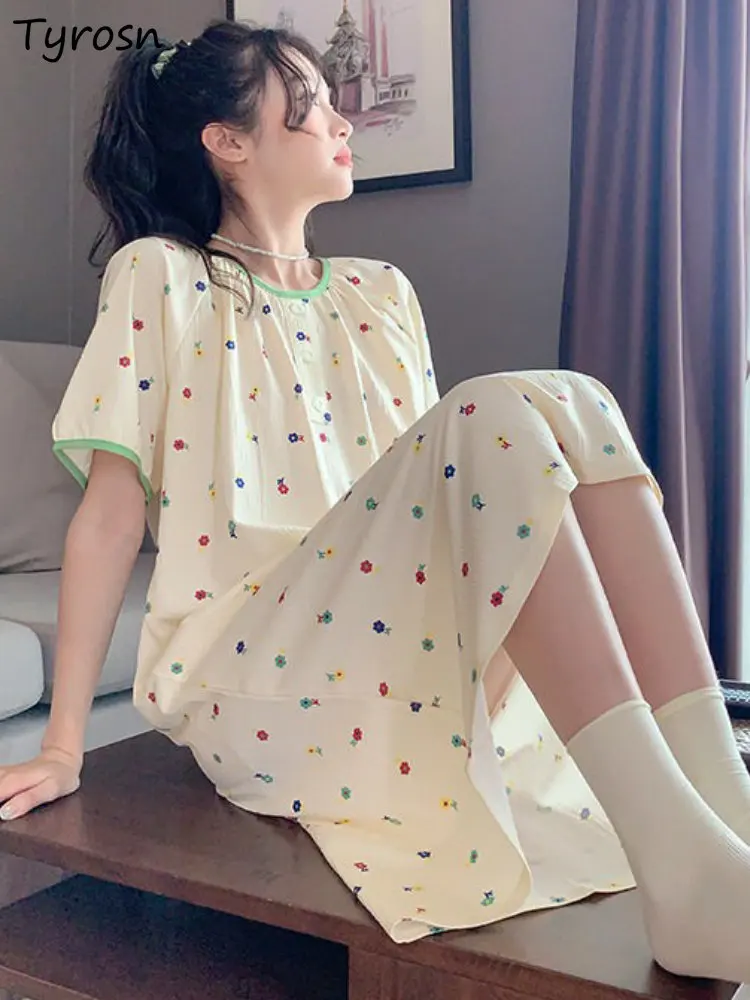

Nightgowns Women Loose Sweet Cozy Simple Design Retro Sleepwear Summer Midi Korean Style Students Print Stylish Tender Leisure