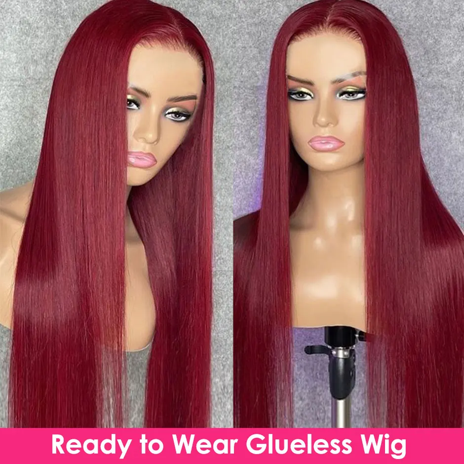 GluelessWigHumanHairReadyToWearBurgundyStraightLaceFrontal