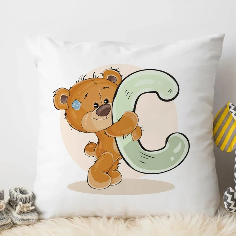 Cute Cartoon Animal Cushion Cover for Children Room Water Color A-P English Letter Print Pillow Case Soft Pillowcase 45x45cm