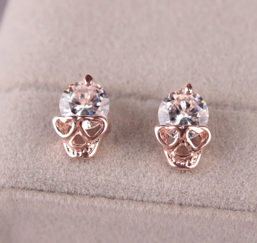 Rose Gold Color Skull Stud Earrings With Sparkling Zircon Cute Hip-Hop Style Street Punk Neutral Earrings For Couples jewelry 3