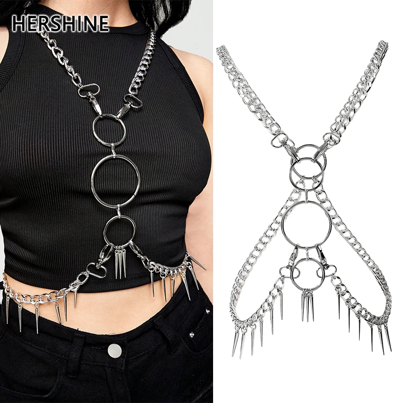 HERSHINE Women's Sexy Silver Ring Spike Body Chain Set, Y2K Gothic, Punk, Harajuku, Rock & Hip Hop Accessories,spring,summer