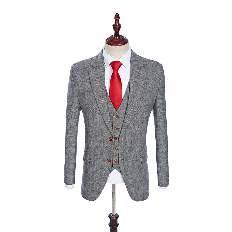 Wool Grey Fine Houndstooth Check Tweed Business Slim Fit Wedding Suits For Men Groom Tuxedos