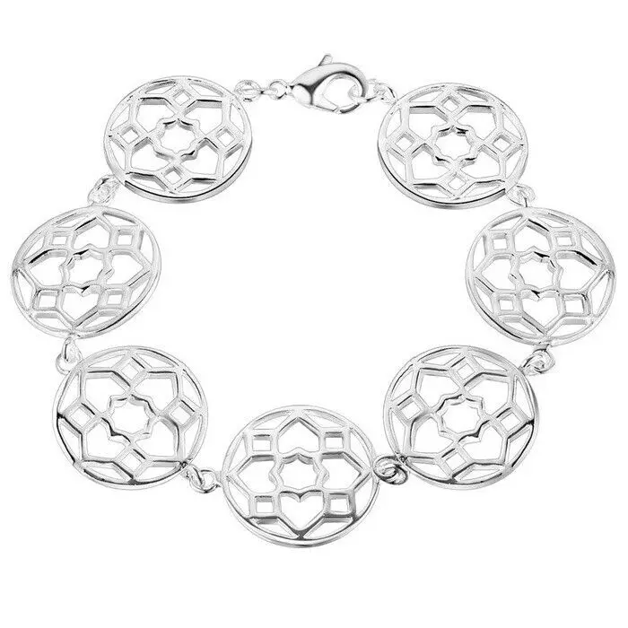 

925 Silver Sterling Seven Round Paper Cut Hollow Dream Catcher Bracelet Chain