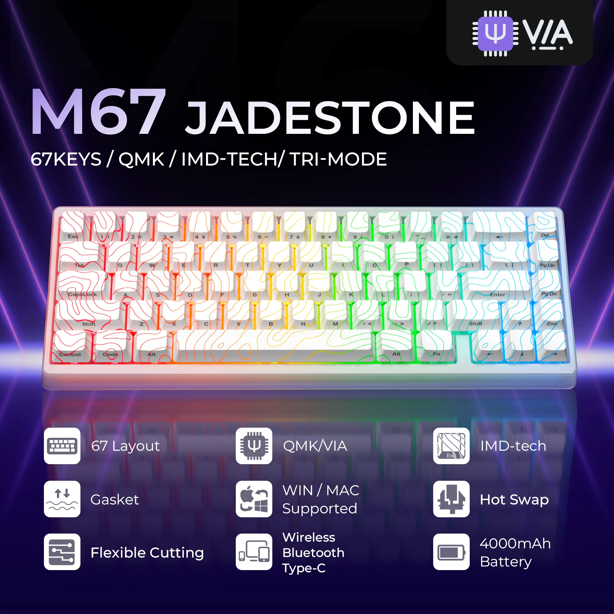 m67a XVX M67 JadeStone White Mechanical Gaming Keyboard Wireless With