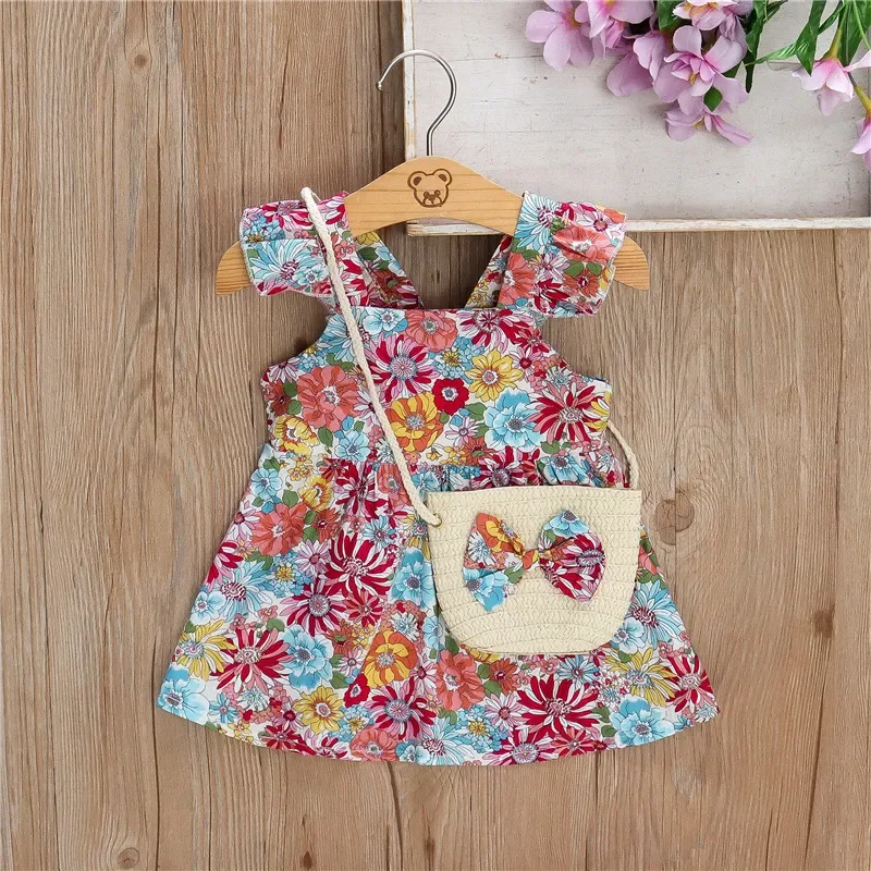 (Girls 0-3 years old)New Summer Girls Dress Halter Small Flying Sleeve Ruffled Flowers Full Print + Crossbody Bag A-line Dress Baby & Maternity
