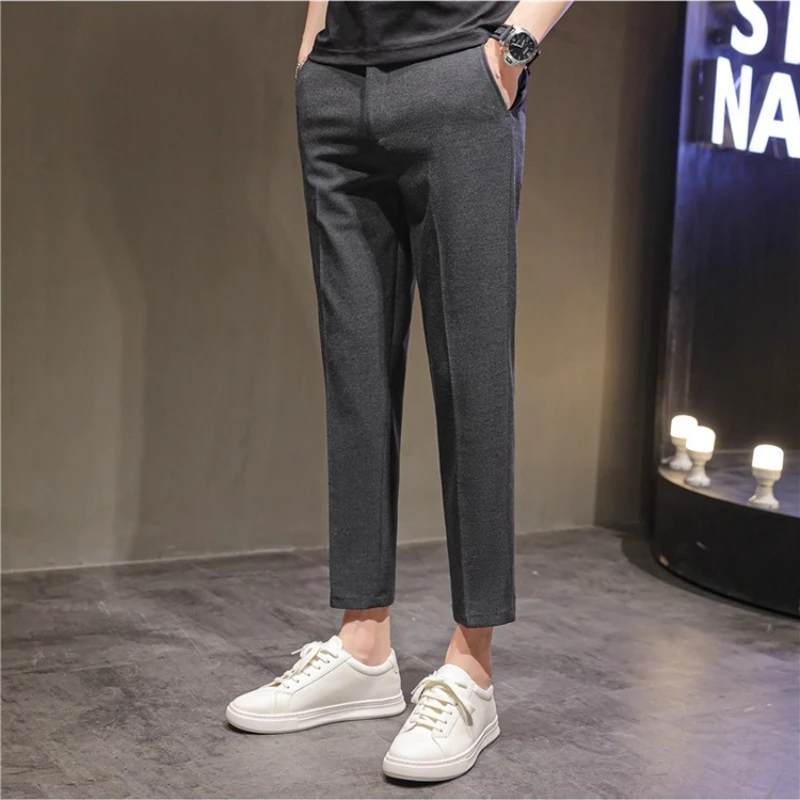 2025 Summer Thin Navy Blue Micro Elastic Ankle-Length Pants for Men, Khaki Small Footed Men's Casual Cropped Trousers,Asian Size 5