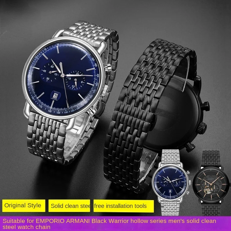 Per Armani Ar11238 Ar1981 Ar60024/Ar60025 Csolid Steel Watch Band 22Mm Argento Nero Chiusura Pieghevole Accessori Per Cinturini