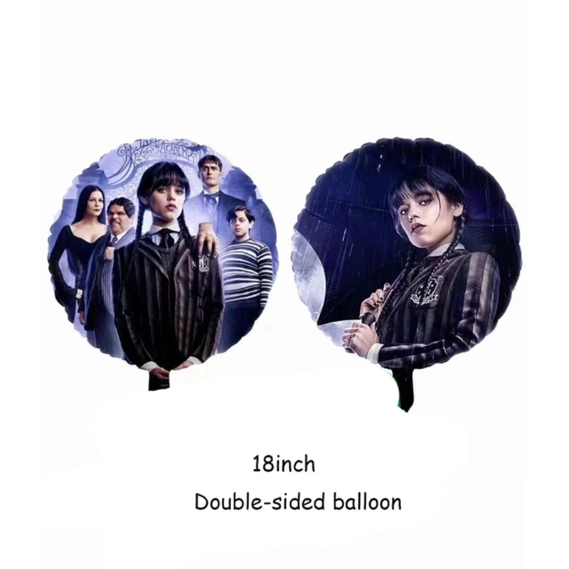 thumbnail image 1 of Globos de Miércoles Addams, decoración para fiesta de cumpleaños, vajilla para niños, niñas, vasos, manteles, pancartas, adornos para tartas, telón de fondo, 1 of 5