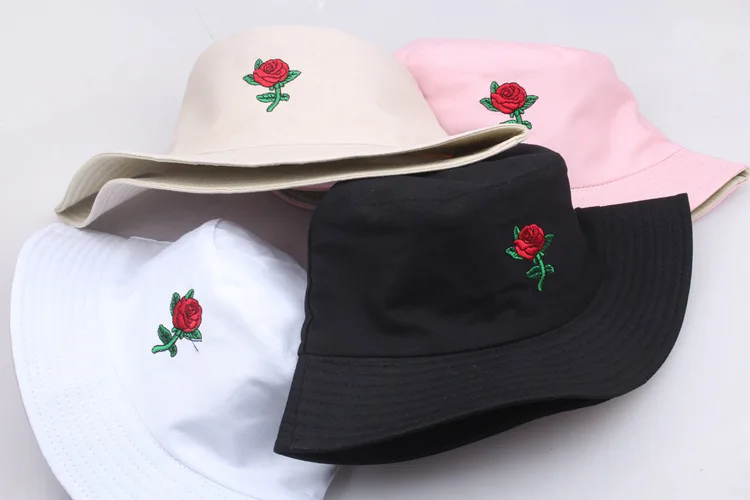 

Unisex Rose Embroidery Bucket Hat Spring Summer Foldable Fisherman Hat Cotton Outdoor Panama Caps Sun Men Bob Sunshade Hat 2022