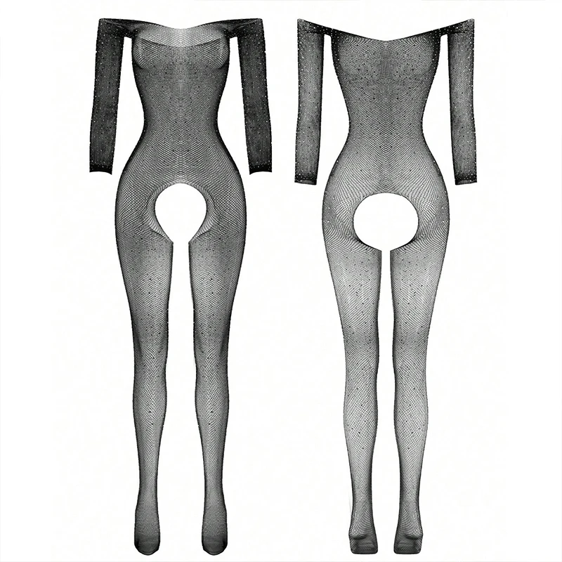 Sexy Tight Fitting Fishing Net Rhinestone Jumpsuit Crotchless Exotic Outfits Erotic Transparent Underwear Lingerie For Women women underwear sexy lingerie women jumpsuit