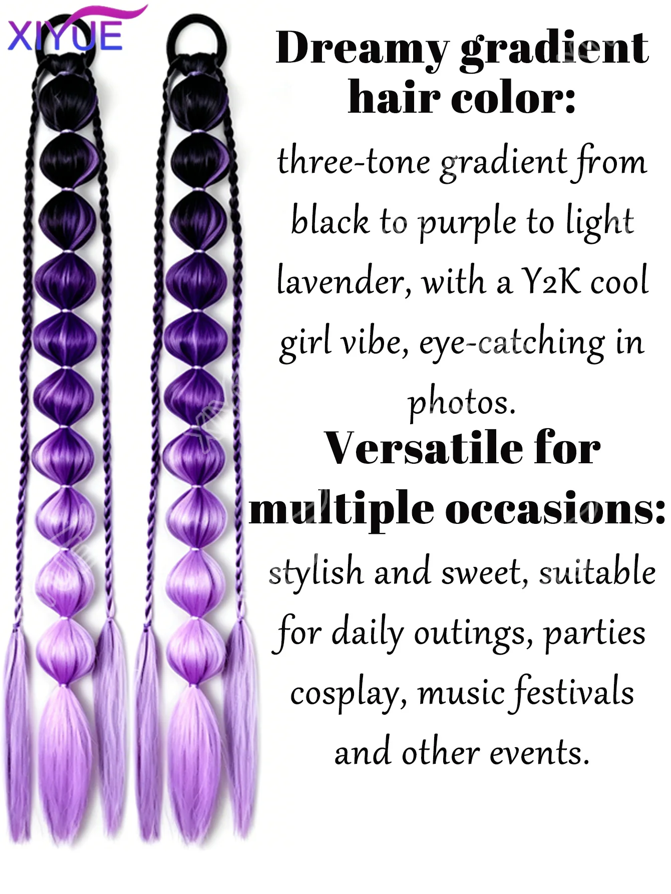 2개입 보라색 합성 버블 포니테일 붙임머리 24인치 가벼운 땋은 머리 페스티벌 레이브 액세서리 소녀들을 위한