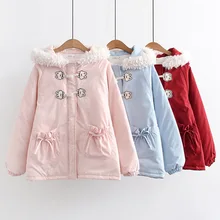 

Anbenser Women Jackets Winter Kawaii Japan Cute Fashion Rabbit Button Faux Fur Hooded Coat Pink Zipper Parka Padded Outerwear