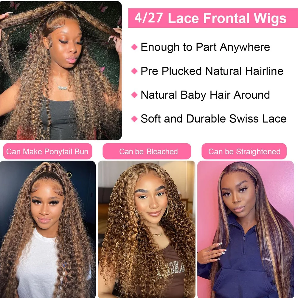 Highlight Ombre Lace Front Wig Human Hair Pre Plucked 13x4 HD Honey Blonde 4/27 Deep Wave Lace Frontal Wigs 200% Density Glueles