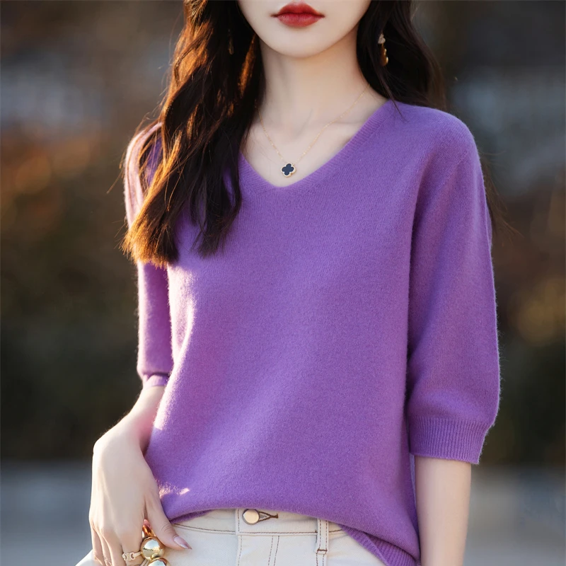 2024 Spring and summer New Cashmere Short sleeve Sweater Women Solid Short Sleeve O-neck Pullovers Knitted Sweaters