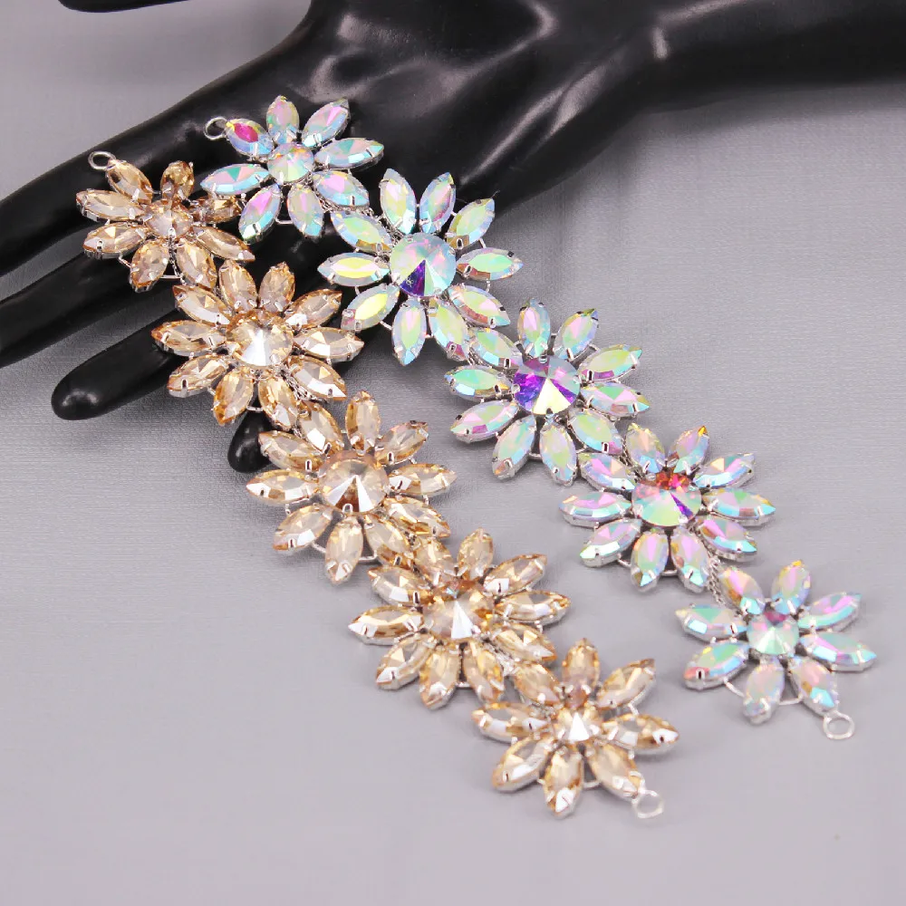 Crystal AB Rhinestone Patch Wedding Dress Decoration Flower Shape Sew On Epaulette Shoulder Tassel Pad Applique