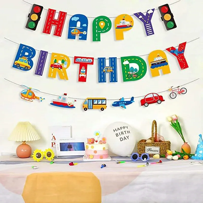 1Set Alles Gute Zum Geburtstag Banner Cartoon Auto Flugzeug Feuer Lkw Racing Transporter Flaggen Dekor Für Jungen Kinder Party Dekoration – Detail 2