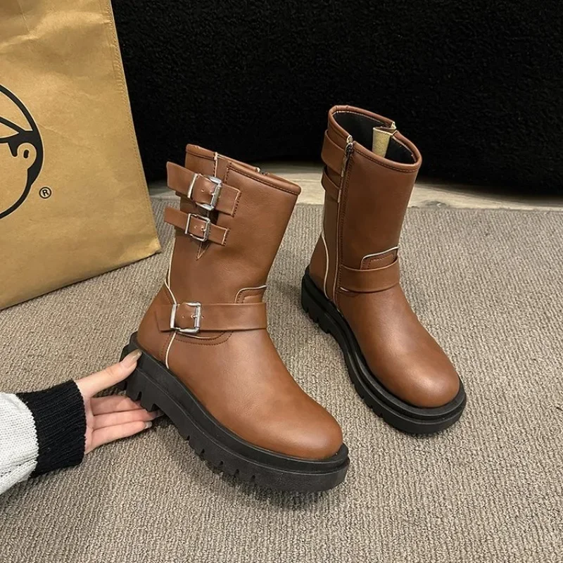 

Shoes for Women 2023 Winter New Platform Short Boots Wome Metal Buckle Outdoor Shoes Ladies Fashion Warm Female Booties Zapatos