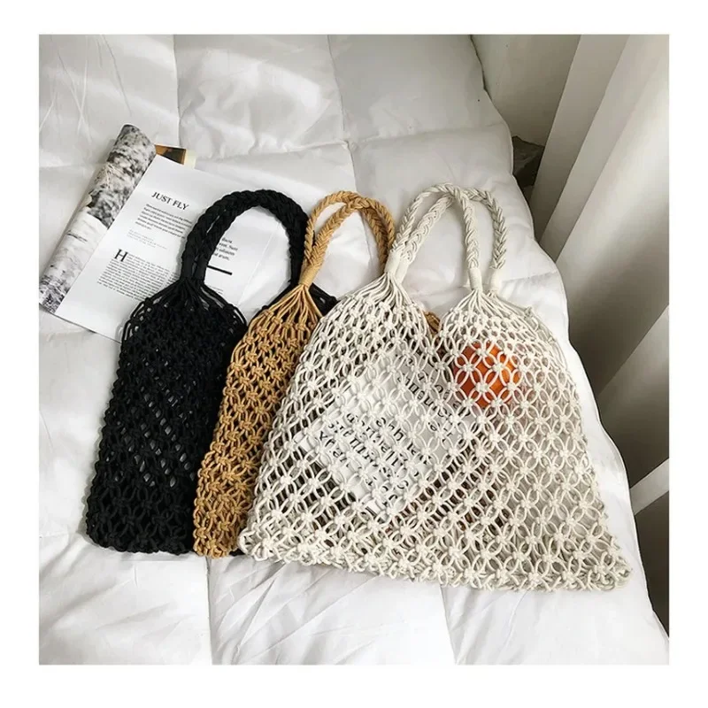 

New Wind Cotton Handmade Woven Bag, Beach Bag, One Shoulder Portable Leisure Hollowed Out Tourism and Vacation Fishing Net Bag