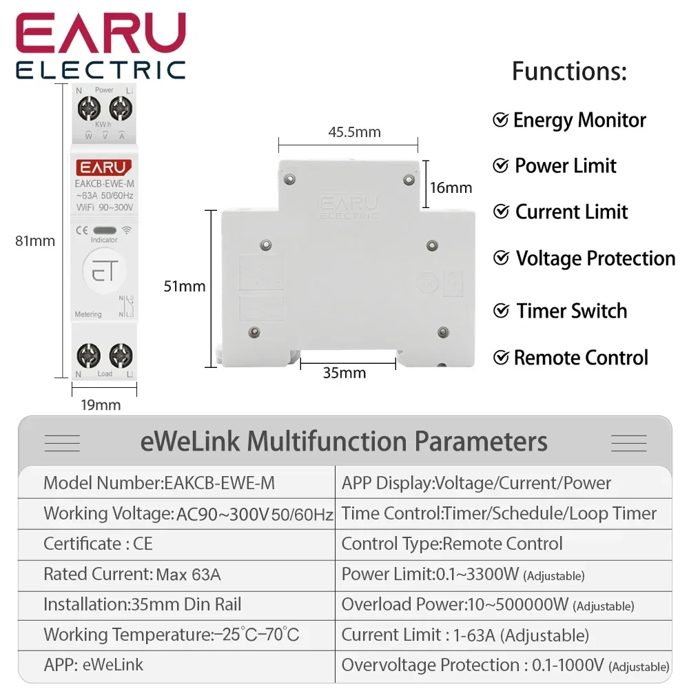 Ewelink Wifi Smart Stroomonderbreker Mcb 1P 63a Timer Power Energy Kwh Spanningsstroom Meter Beschermer Stem Afstandsbediening Schakelaar