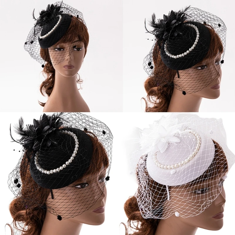 Tea Party Fascinator Derby Hat Women Fascinator Headband Veil Feather Fascinator Derby Pillbox Hat Cocktail Veil Mesh Dropship