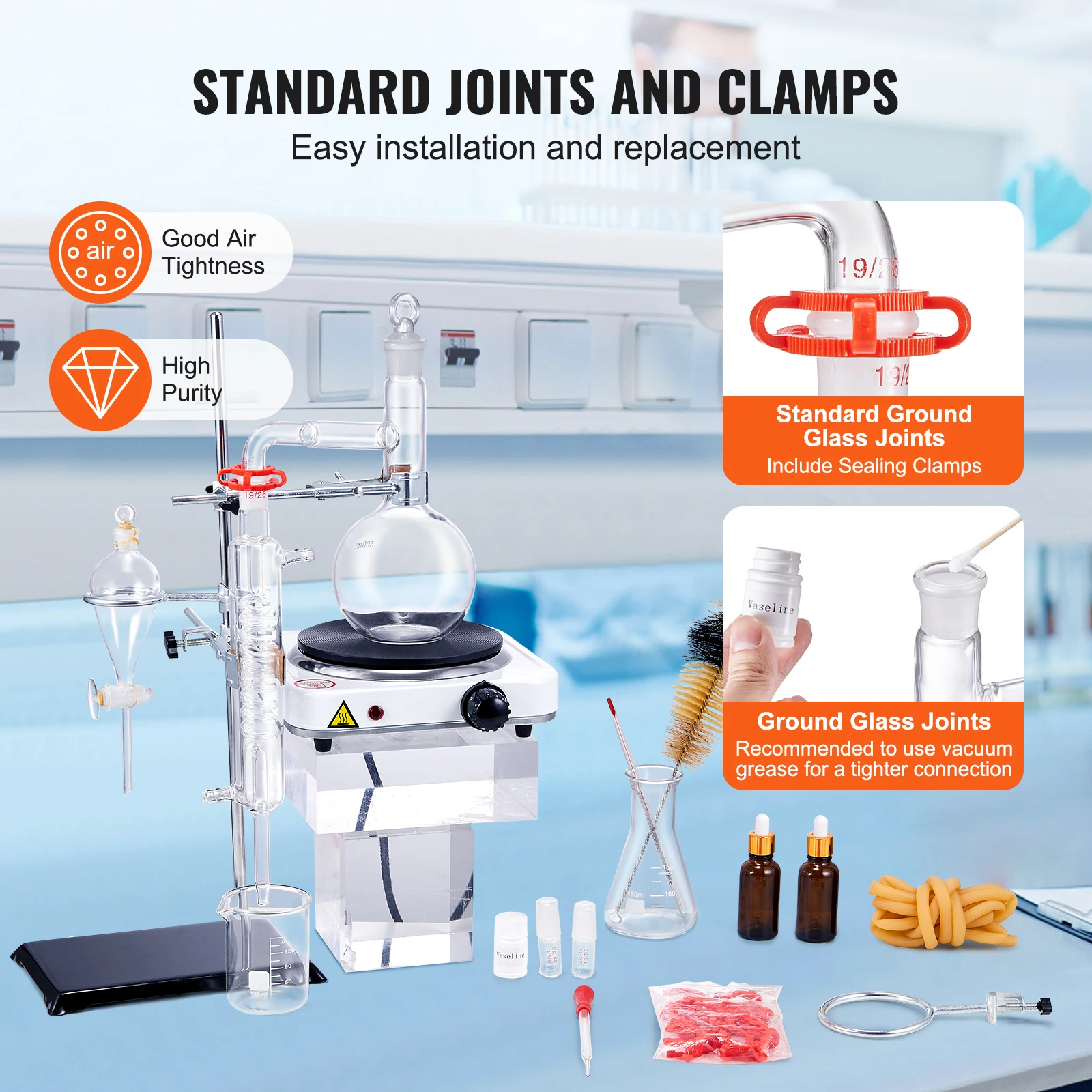 SucceBuy Essential Oil Distillation Kit 500ml/2L Distillation Apparatus 3.3 Boro Lab Glassware with 1KW Heat Plate