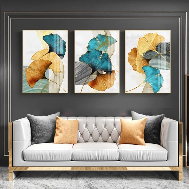 

Golden Blue Plant Leaf Print on Canvas Modern Abstract Paintings on the Wall Art Nordic Poster Bedroom Home Decoration Pictures