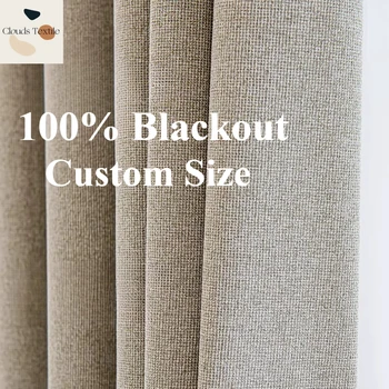Fashion Custom Size Cotton Linen 100% Blackout Curtains for Living Dining Room Bedroom Luxury Decor Window White Tulle Elegant