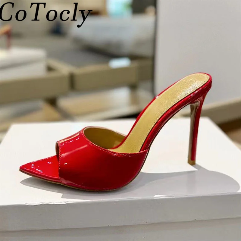 

Sexy High Heels Slippers Woman PVC Summer Shoes Pointed Peep Toe Runway Slides Female Thin Heels Gladiator Sandals For Women