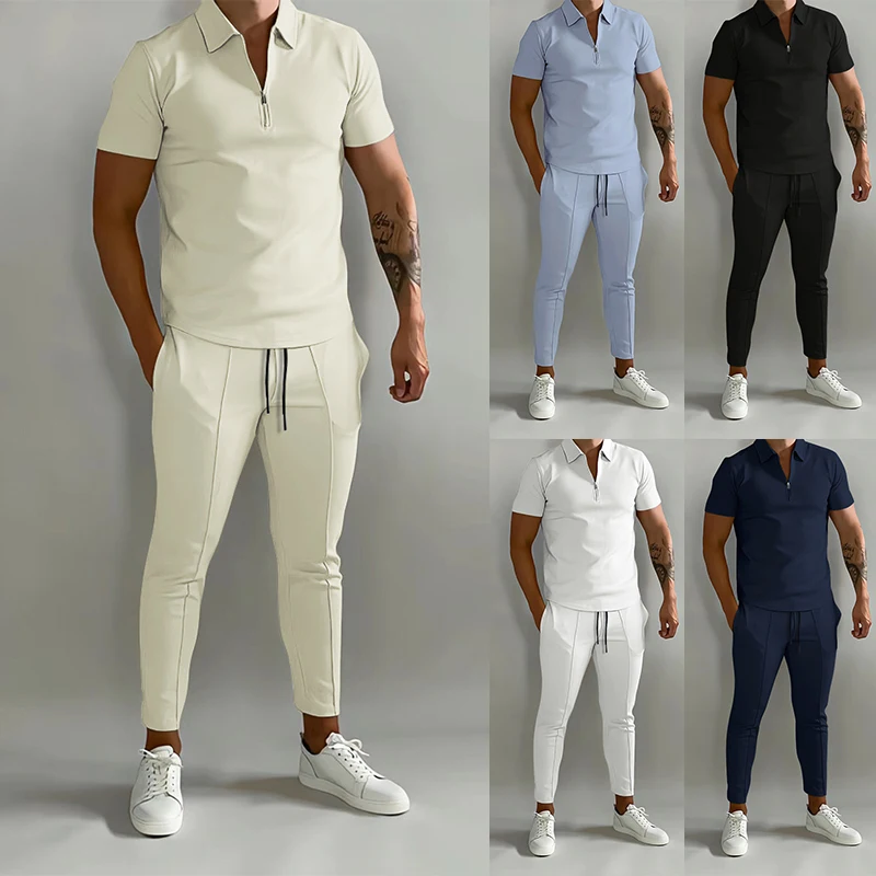 Men Summer Brand Tracksuit Fashion Turn Down Collar Zipper T Shirt+Long Sports Jogging Suit Casual Stylish Sweatersuit Set