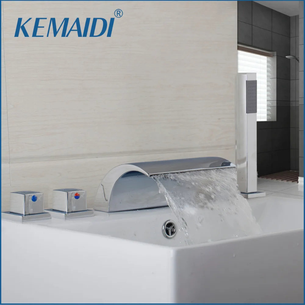 KEMAIDI Deck Mounted Waterfall Shower Faucet Set Bathtub Tub Shower Systerm 3 Handles with Handheld Tub Mixer Taps Chrome Finish