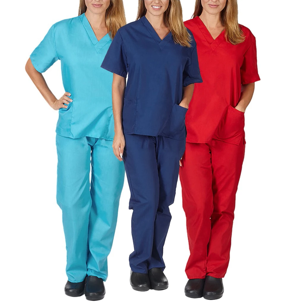 Two Piece Scrub Uniform Sets Unisex Shorts Sleeve Pocket Top Tee Loose