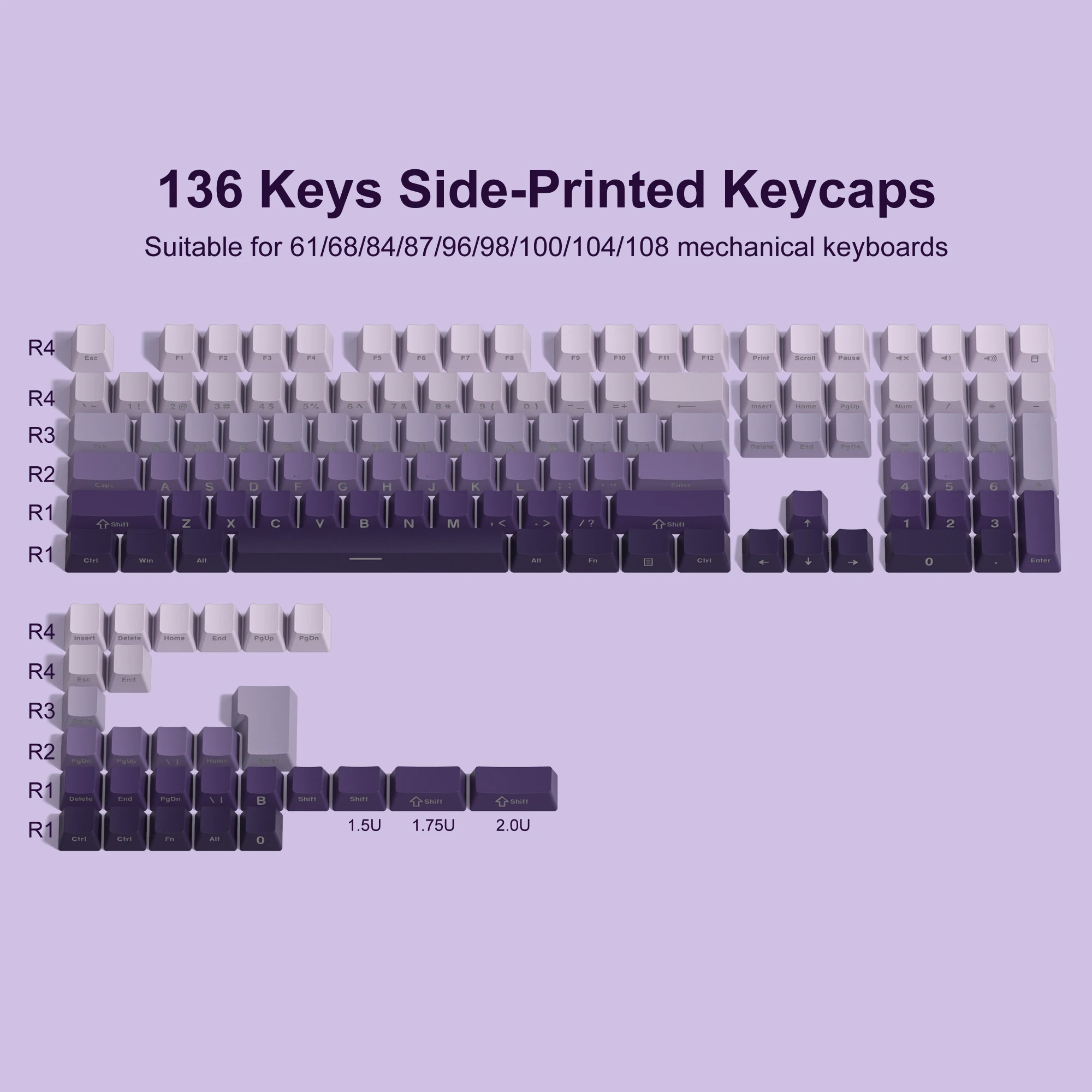 Lado Impresso Keycaps para Gateron Double Shot Pbt Keycaps Cherry mx Switches Perfil Oem Gradiente Roxo 136 Chaves - Imagem 4