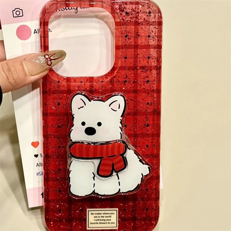 Glitter Semi-Transparent Red Checkered Phone Case with Double-Layer Puppy Holder