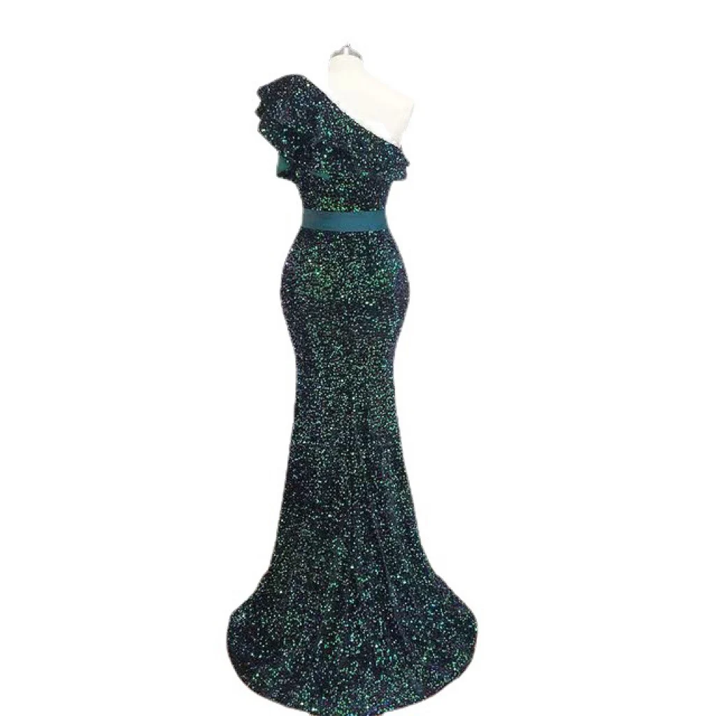 Sparkly Sequined Celebrity Dresses One Shoulder Ruffle Green Purple Pink Sexy Mermaid Party Formal Occasion Shiny Evening Gowns