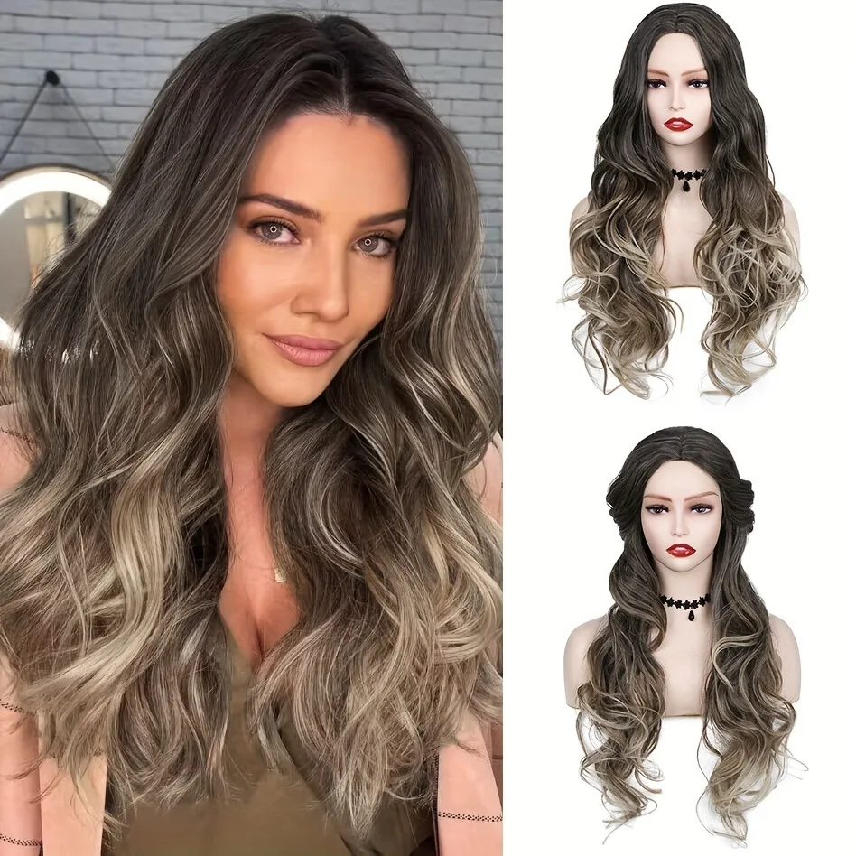 

Long Wavy Ombre Blonde Wig, Middle Part Wavy Wig with Dark Roots, Natural Looking, Heat Resistant, 26 in